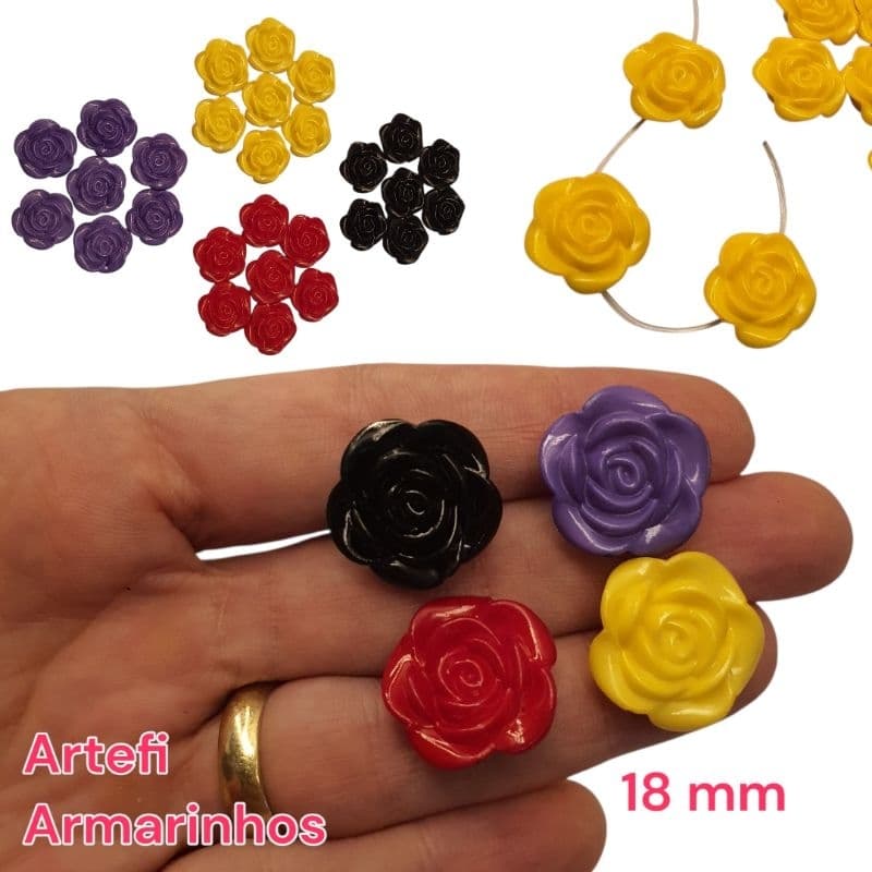 Flor de Resina 18mm com furo Rosa para Terço e Artesanato 8 / 28 unidades vermelha amarela preto lilas