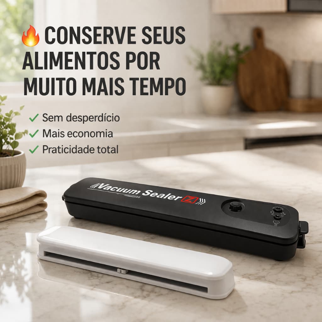 Kit Seladora a Vácuo Elétrica + Suporte Dispenser Plástico Filme Conserva Carnes Legumes e Frutas