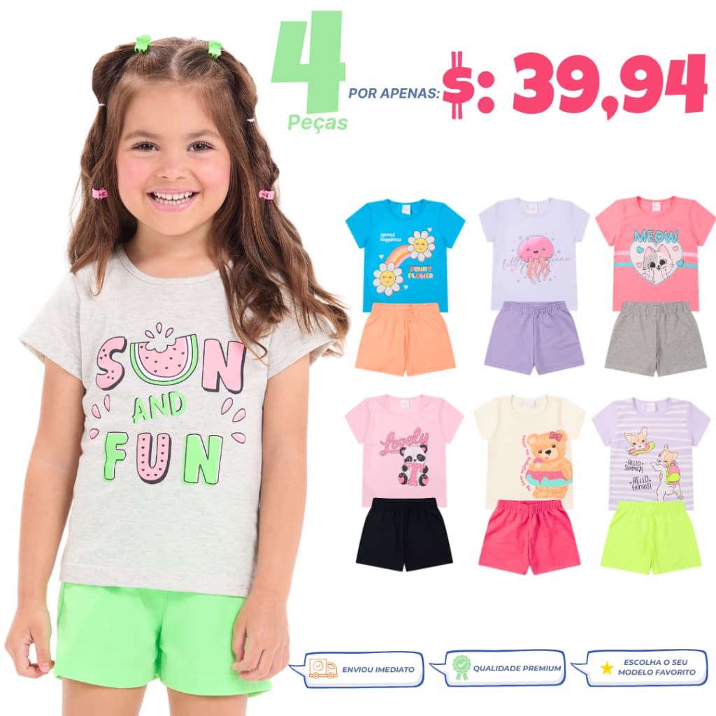 Kit Sortido 4 Peças de Roupa Infantil Menina Verão 2 ao 8 anos