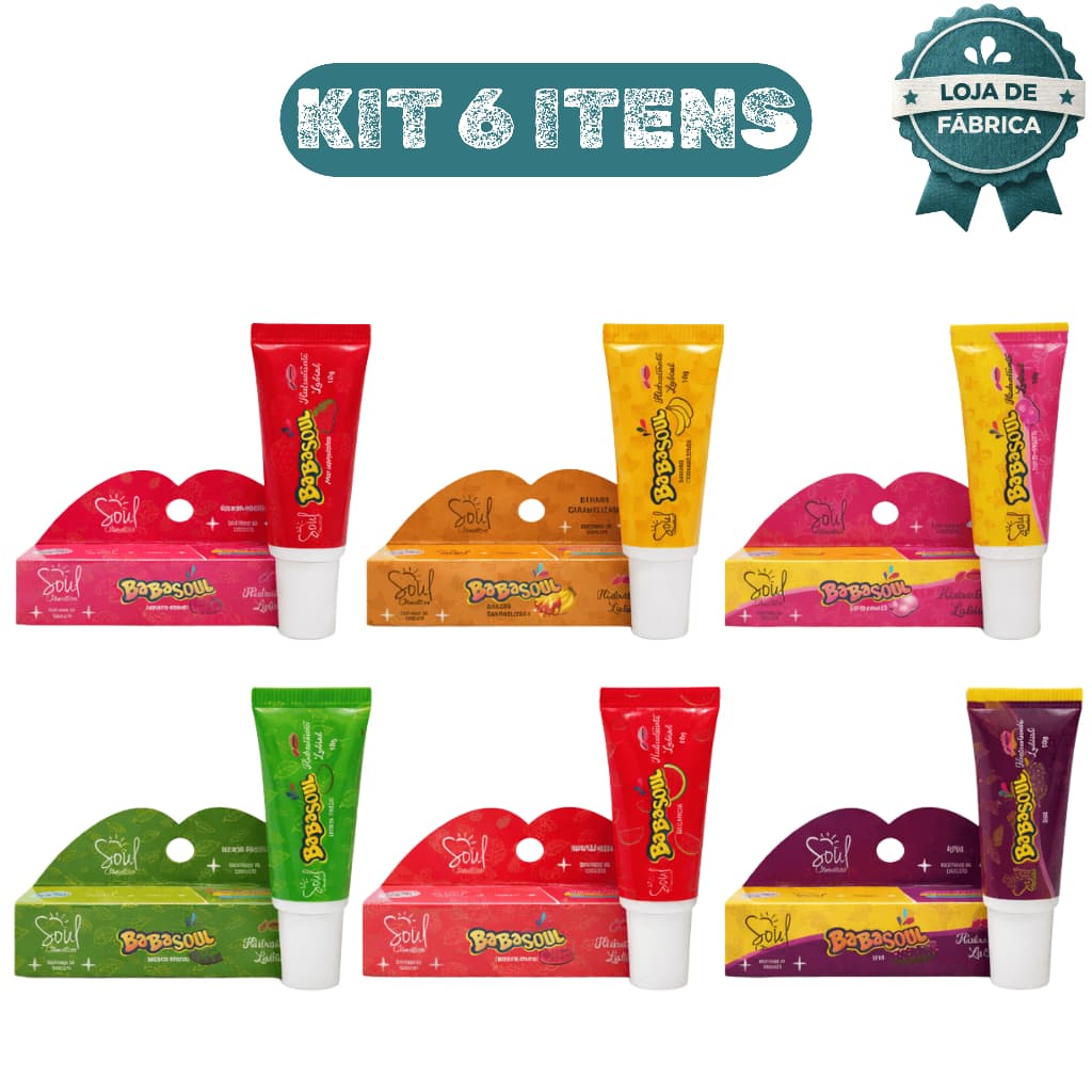 Kit 6 Hidratante Labial Babasoul Cheirinho de Chiclete Tutti Frutti Banana Menta Morango Uva Soul