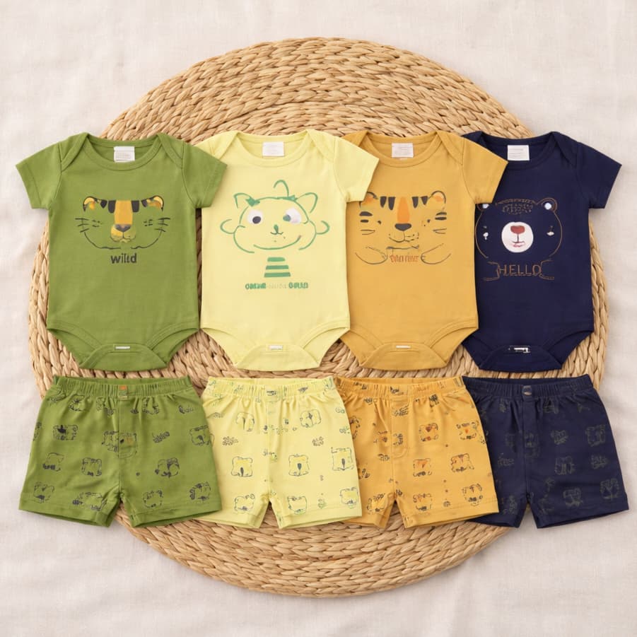 Kit 8 Peças Body Manga Curta e Shorts Tapa Fralda Menino Sortido 4 Conjuntos RN Ao GG