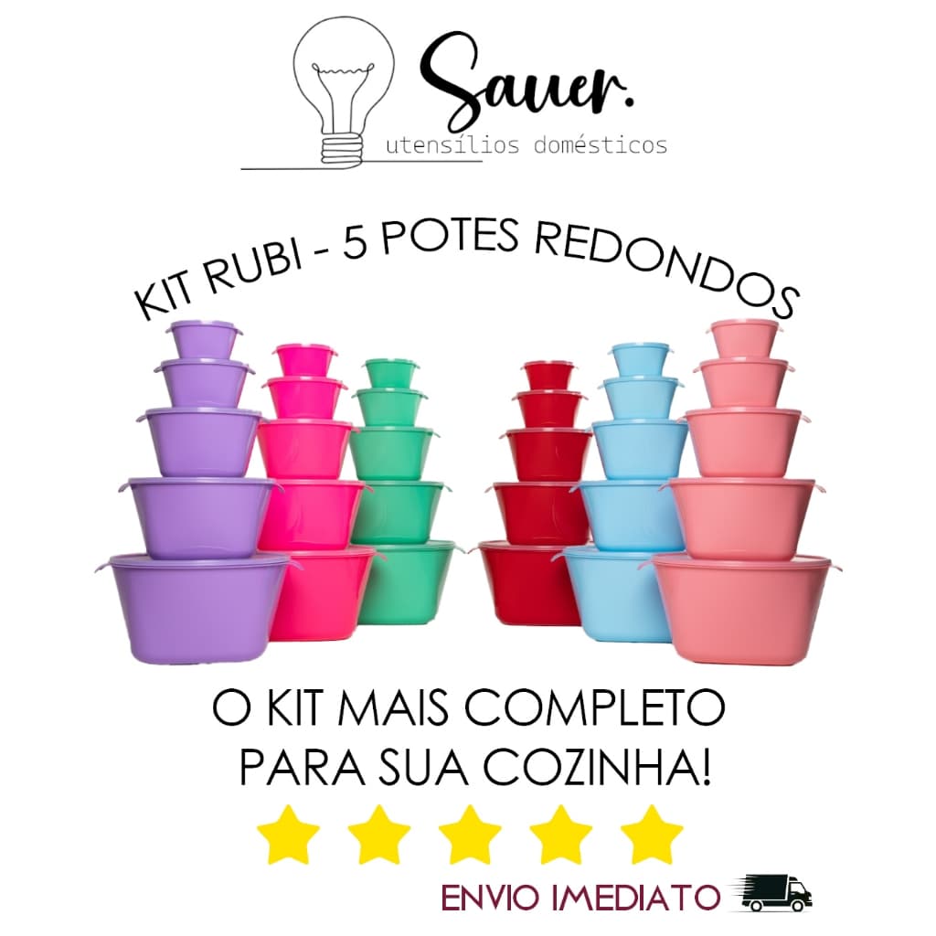 Kit 5 Potes Plástico Organizador Mantimentos Cozinha Redondo Tampa Empilhável 10L a 500ml Acquamar