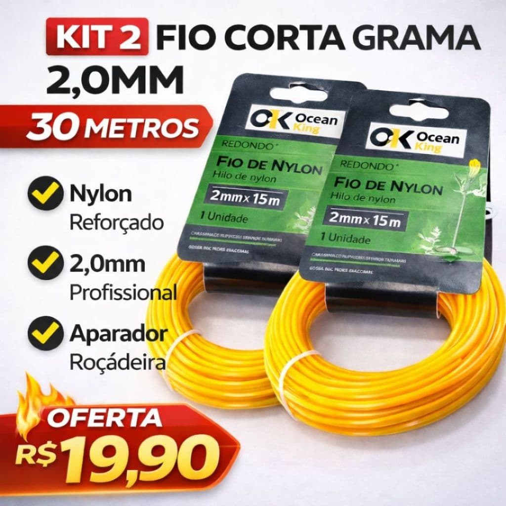 Kit 2 Fio Nylon Roçadeira 2.0mm 15m Aparador Corta Grama Reforçado