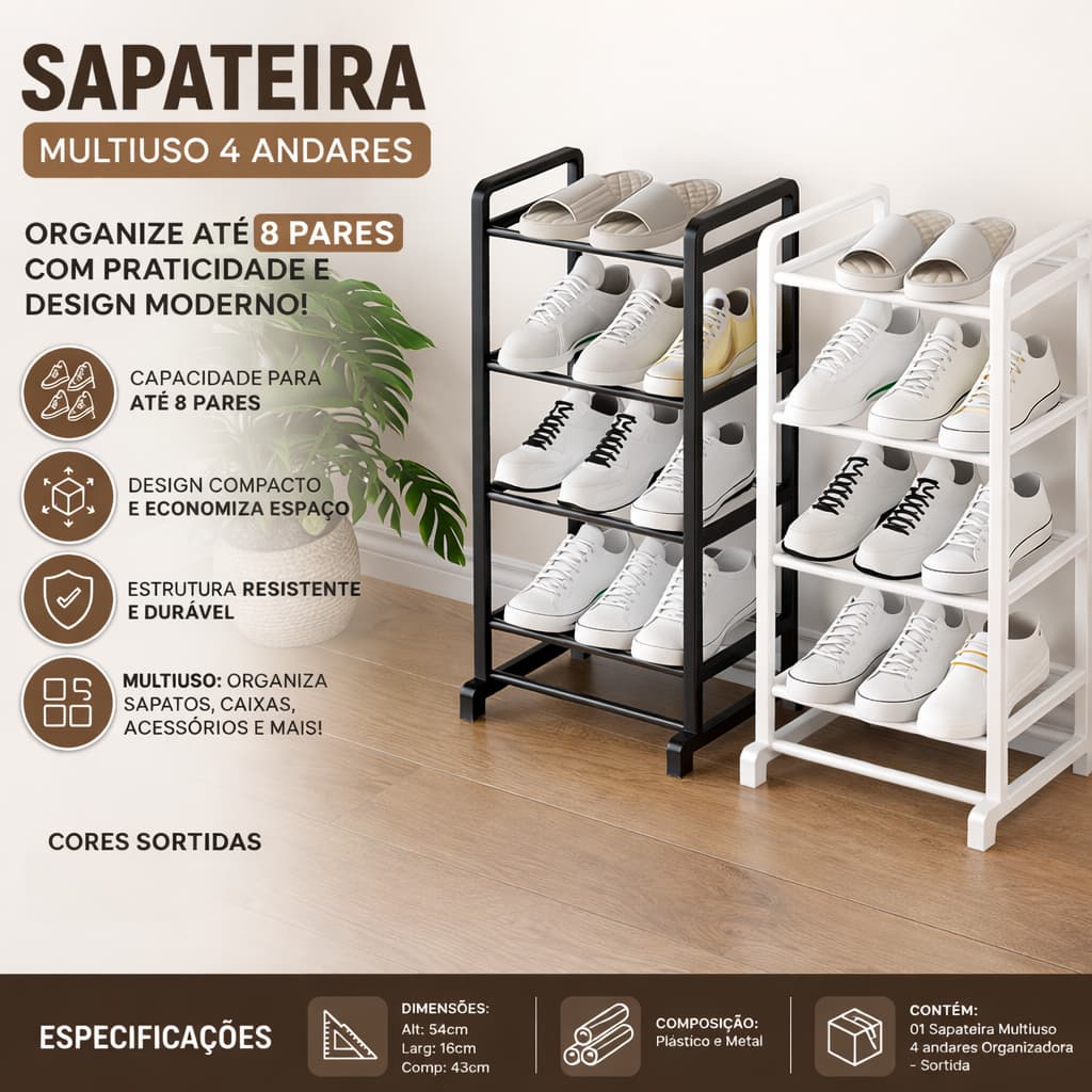 Sapateira Organizadora Multiuso 4 Andares Compacta Porta Tênis Casa Apartamento