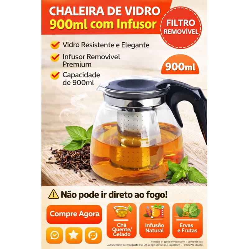 Chaleira de Vidro 900ml com Infusor – Bule para Chá Elegante + Filtro Removível Premium