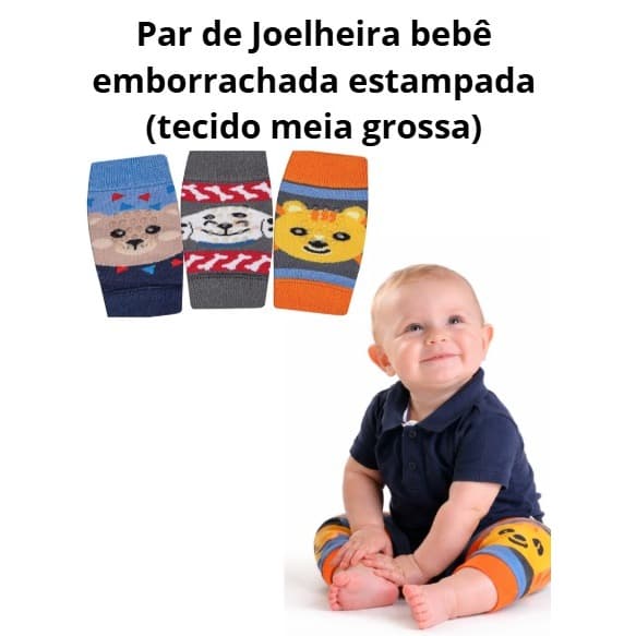 Par de joelheira bebê tecido meia grosso emborrachado atoalhada estampada engatinhar menino