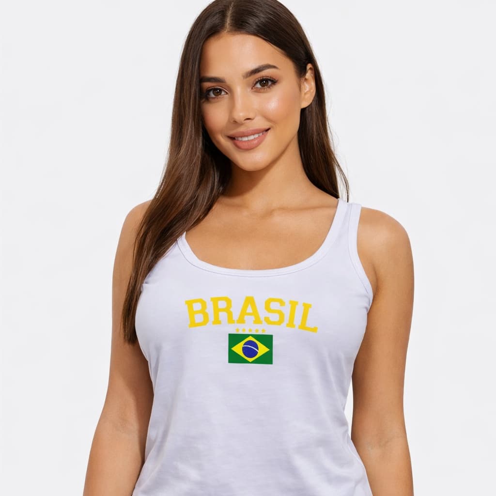 Regata Blusa Feminina em Malha Suede Básica Estampado Brasil Alça Grossa Moda Verão