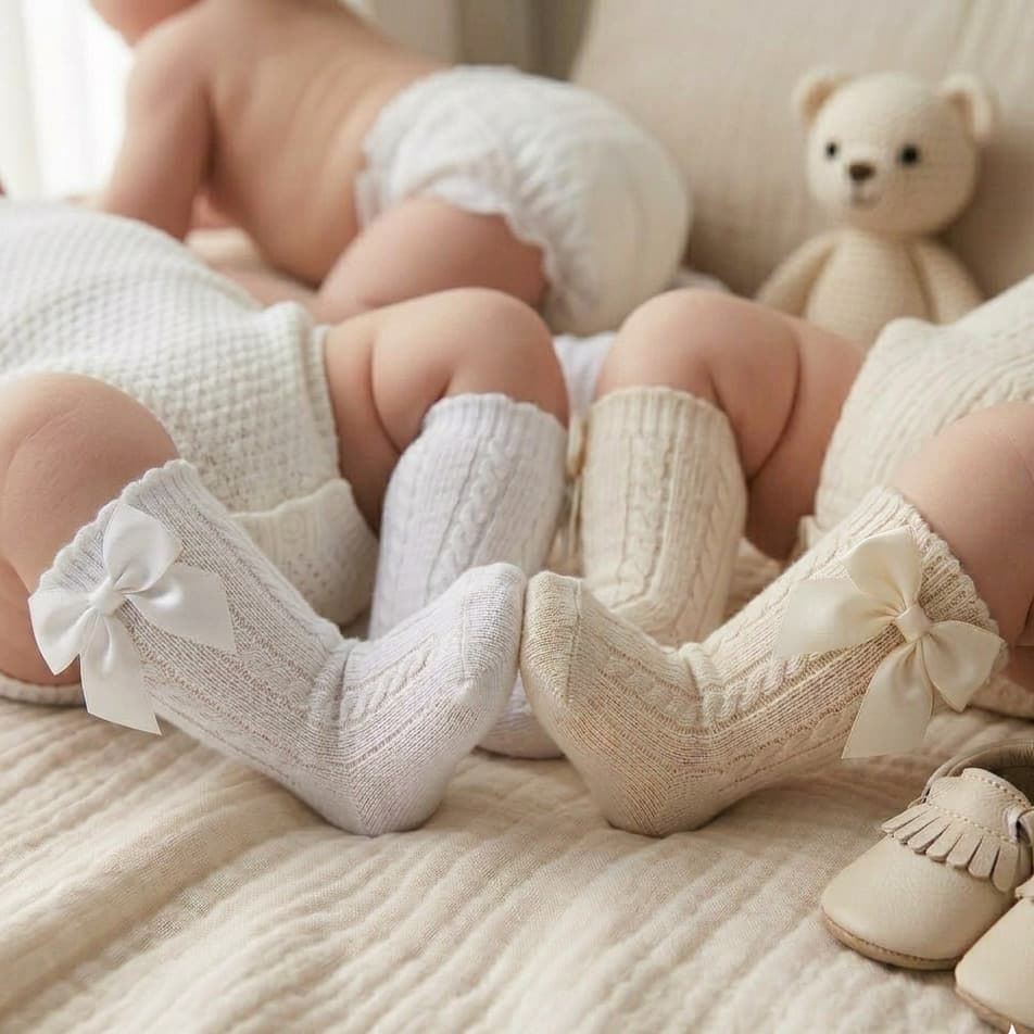 Kit 2 Meias Com Laço 3/4 Até o Joelho Infantil Menina Kids Para Festas Formatura e Batizado Branca e Off-White