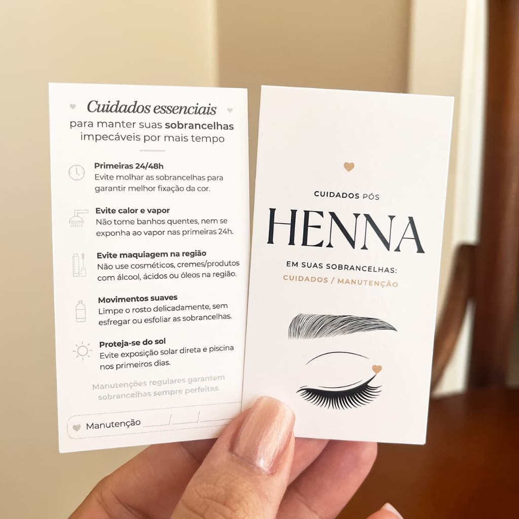 Cartão Cuidados com a Henna Tag Sobrancelha 9x5cm Pronta Entrega Estética