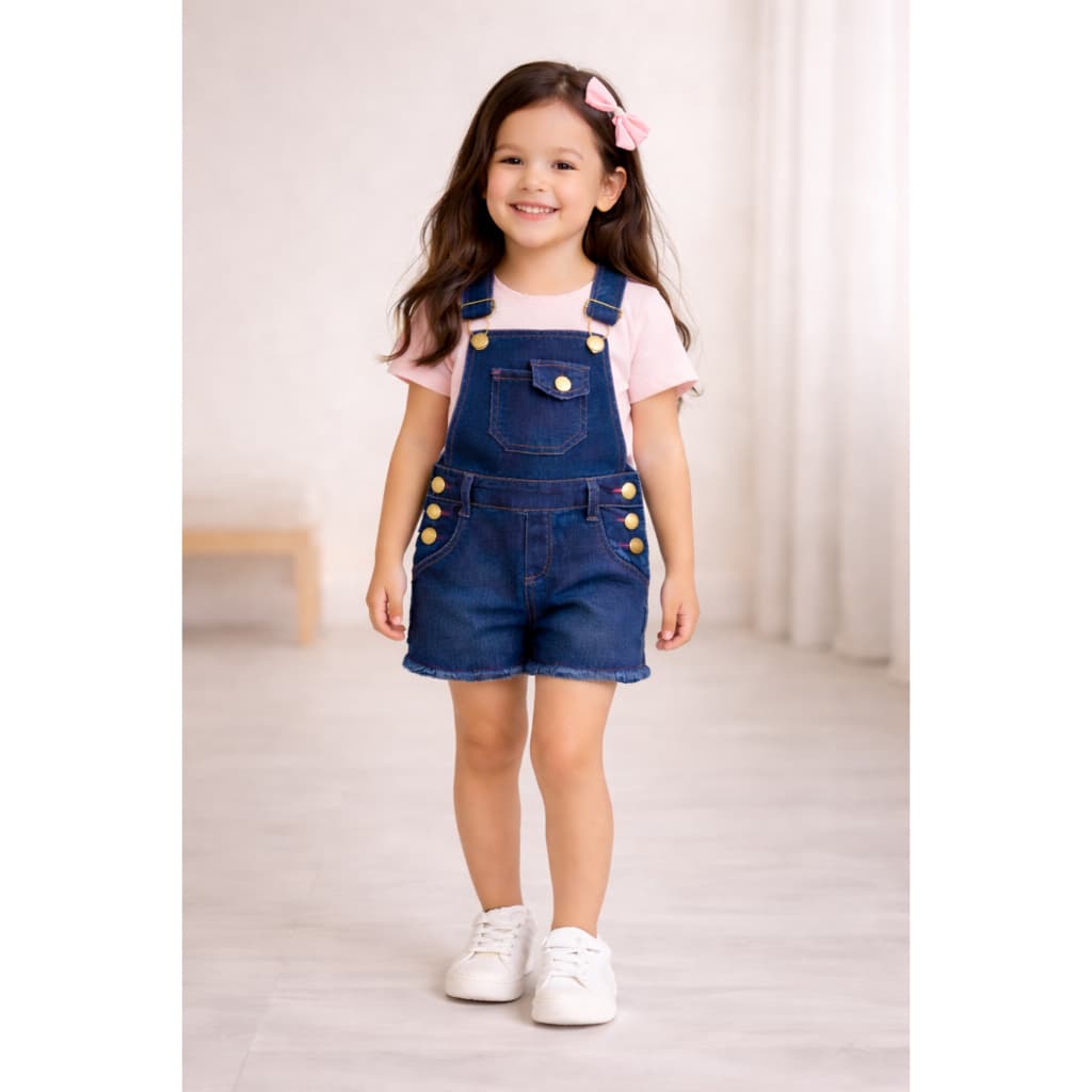 Macacão Jeans Infantil Menina com Costura Rosa e Botões Dourados | Estiloso 3 ao 6