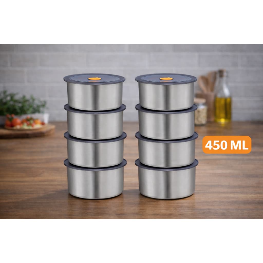 Kit Conjunto 8 Potes Hermeticos Redondos Inox 450ml Marmita Conservaçao de Alimentos Mantimento