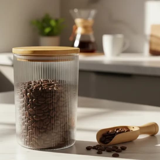 Pote de Vidro Borossilicato Listrado com Tampa de Bambu 1L Café Açúcar Cereais Mantimentos Cozinha