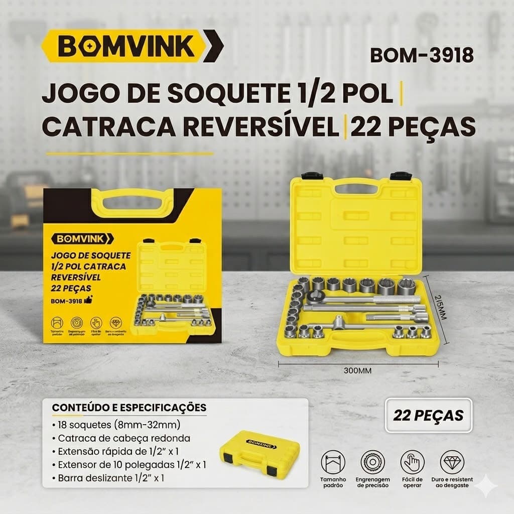 Jogo de s oquete  1/2 pol catraca resersivel 22 peças bomvink