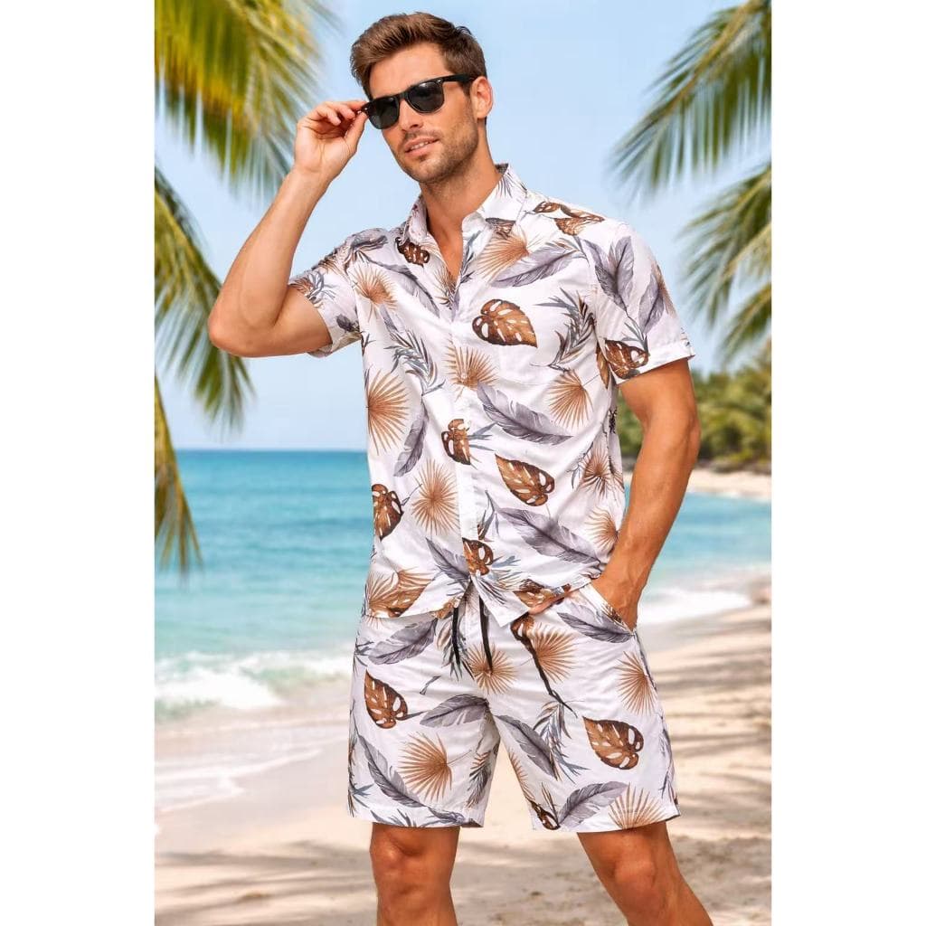 Conjunto Camisa Floral Masculina Manga Curta Viscose Três Bolsos