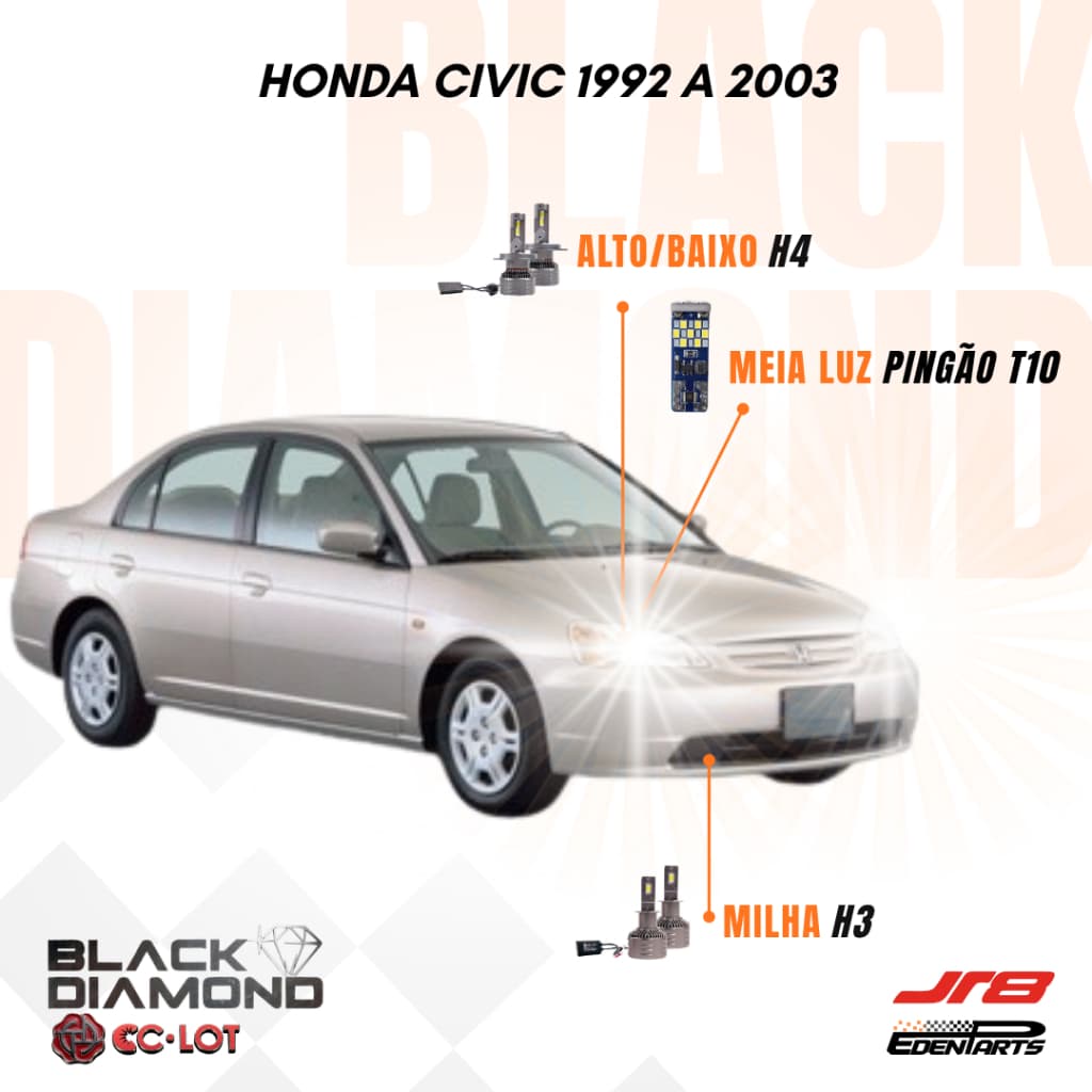 Kit Lampadas Farol LED Honda Civic 1992 a 2003 JR8 BlackDiamond H4 H3 6000K + Lâmpada Pingão T10 21 LED
