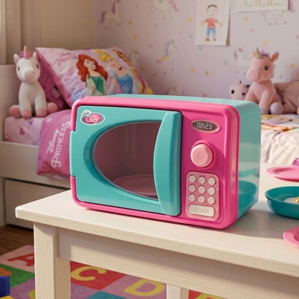 Mini Micro-ondas Infantil Brinquedo com Prato Giratório Botões Luz Som Porta Transparente