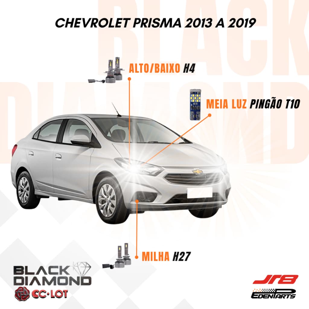 Kit Lampada Farol LED Chevrolet Prisma 2013 a 2019 JR8 BlackDiamond H4 H27 6000K + Lâmpada Pingão T10 21 LED