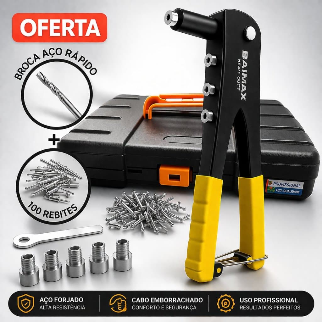 Kit Jogo Ferramenta Alicate Rebitador rebitadeira Manual + Maleta + 100 rebites e broca