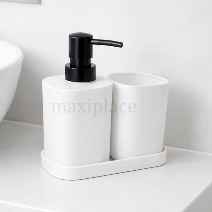 Kit Banheiro 3 Peças Porta Sabonete Líquido Porta Escovas com Base Plástico Moderno