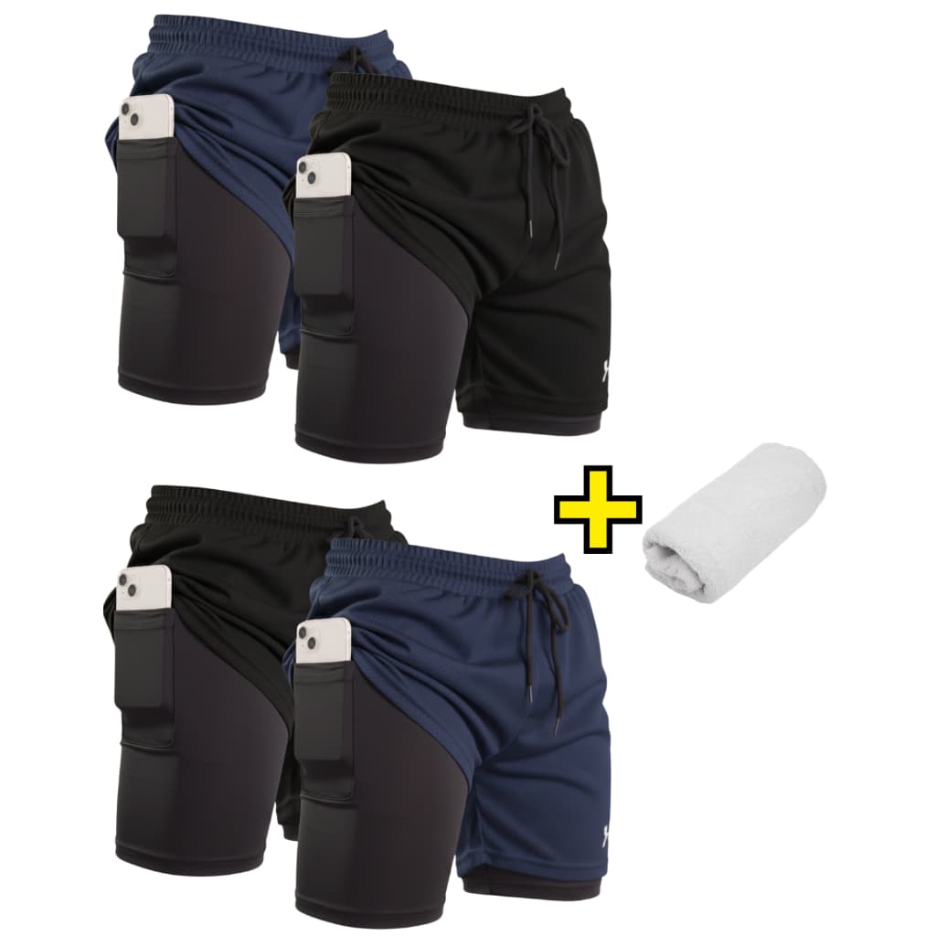 Kit 4 Short 2 em 1 Masculino Plus Size Conforto para Academia Treino e Uso Diário + Toalha