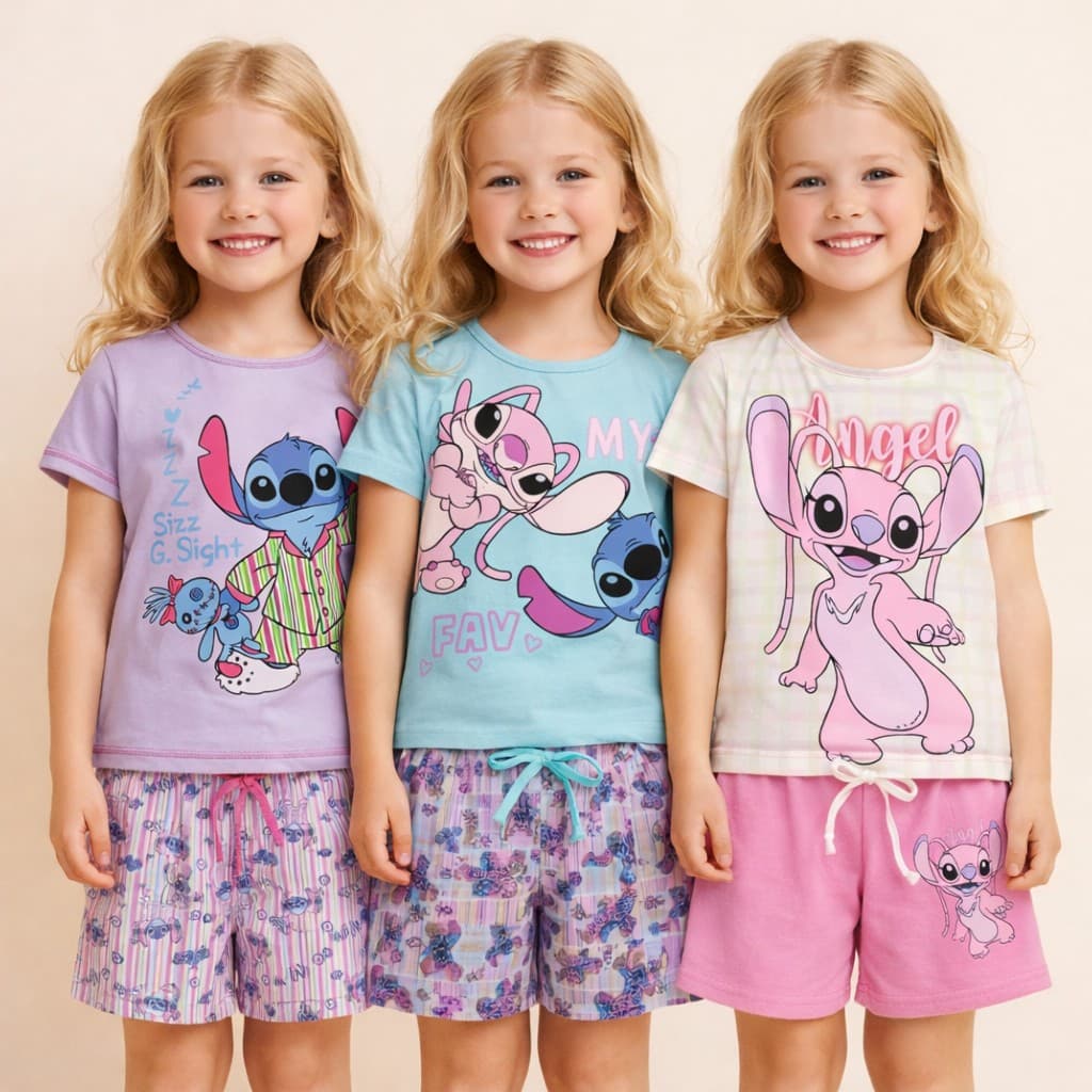 Conjunto Infantil Stitch Brilha no Escuro Camiseta e Short Algodão 2 a 12 Anos
