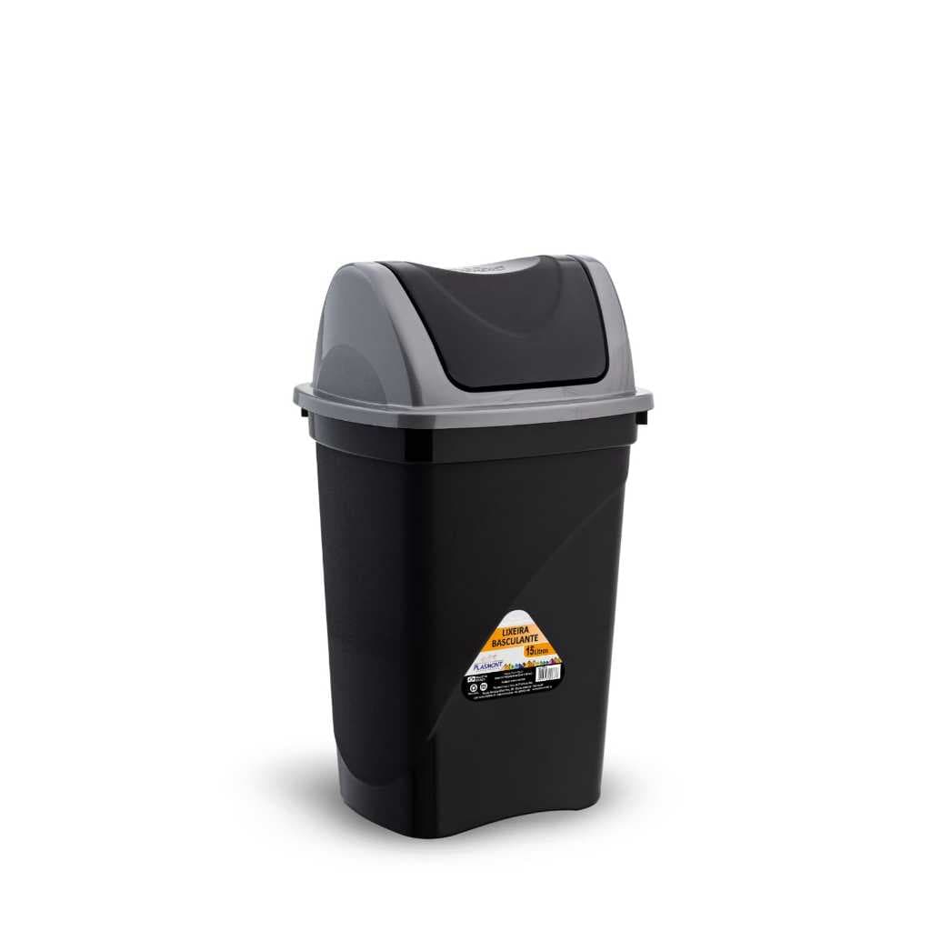 Lixeira Basculante 15 Litros Preta Tampa Prática Resistente Cozinha Banheiro Lavanderia