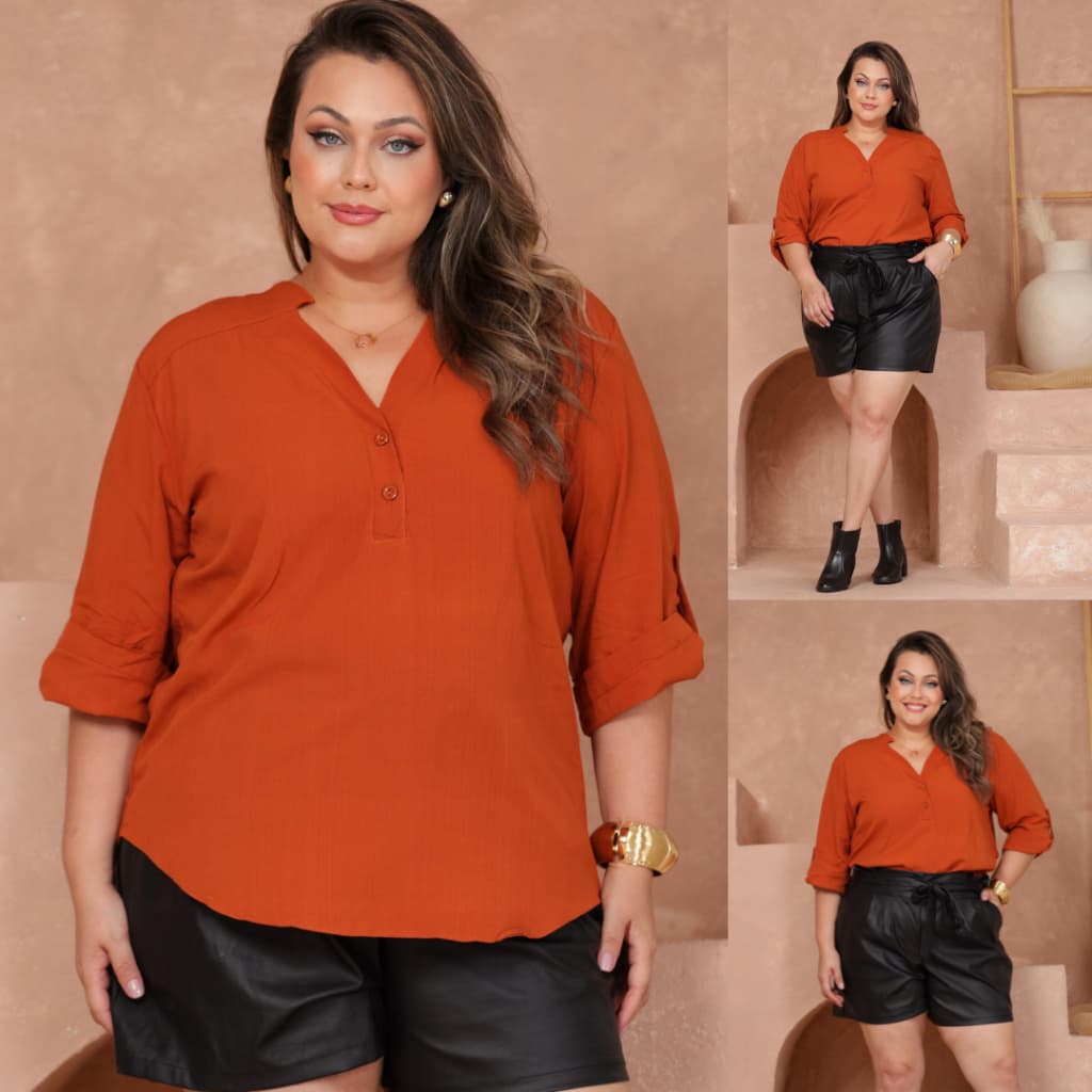 Camisa Social Feminina Plus Size Casual Manga ¾ em Viscolinho Conforto e Estilo