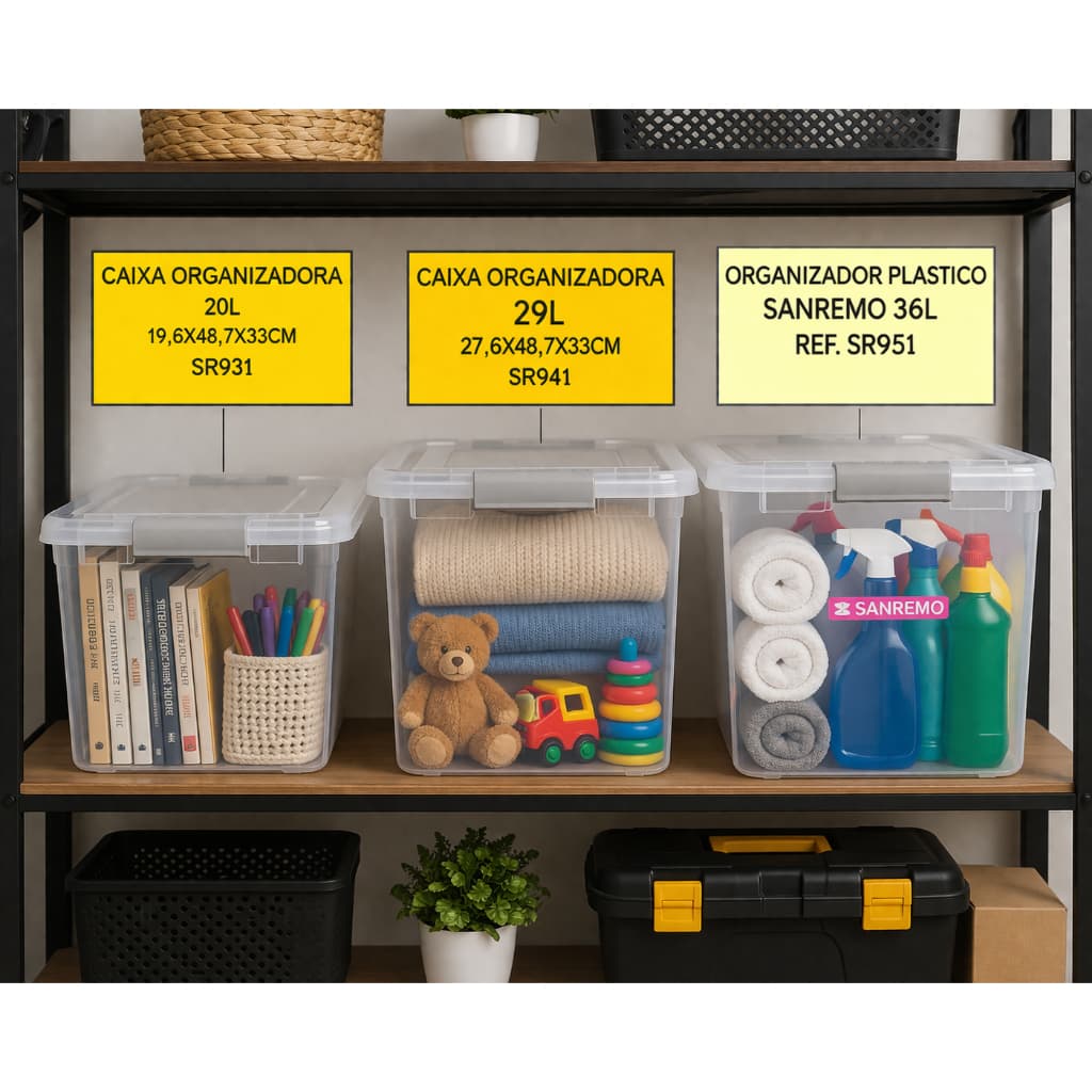 Kit 3 Caixas Organizadoras Sanremo 20L 29L 36L Transparentes com Tampa Multiuso
