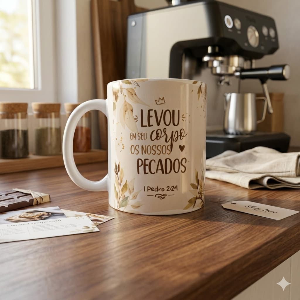 Caneca Cristã Levou em seu corpo os nossos pecados 1 Pedro 2:24 - Envio imediato com seu nome