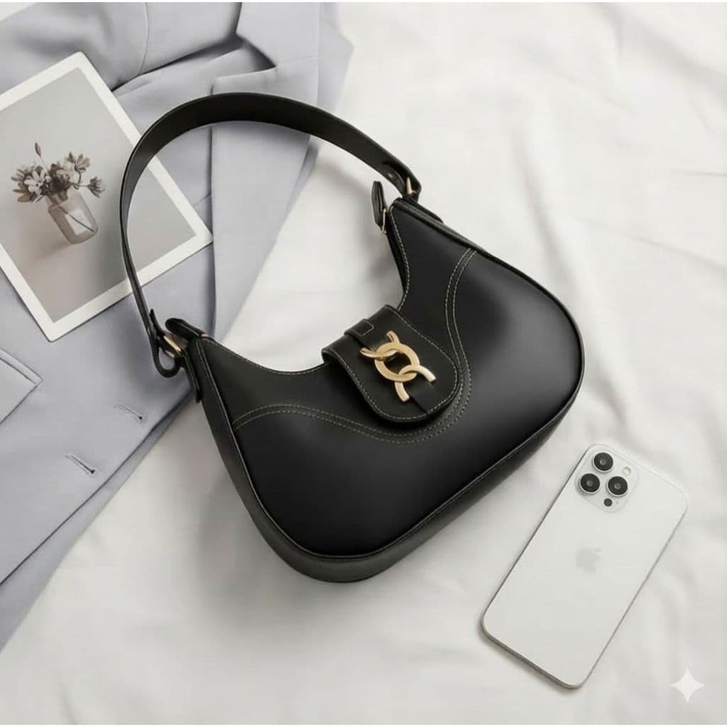 Bolsa Feminina Meia Lua Couro Sintético Zíper Fecho Magnético Dourado