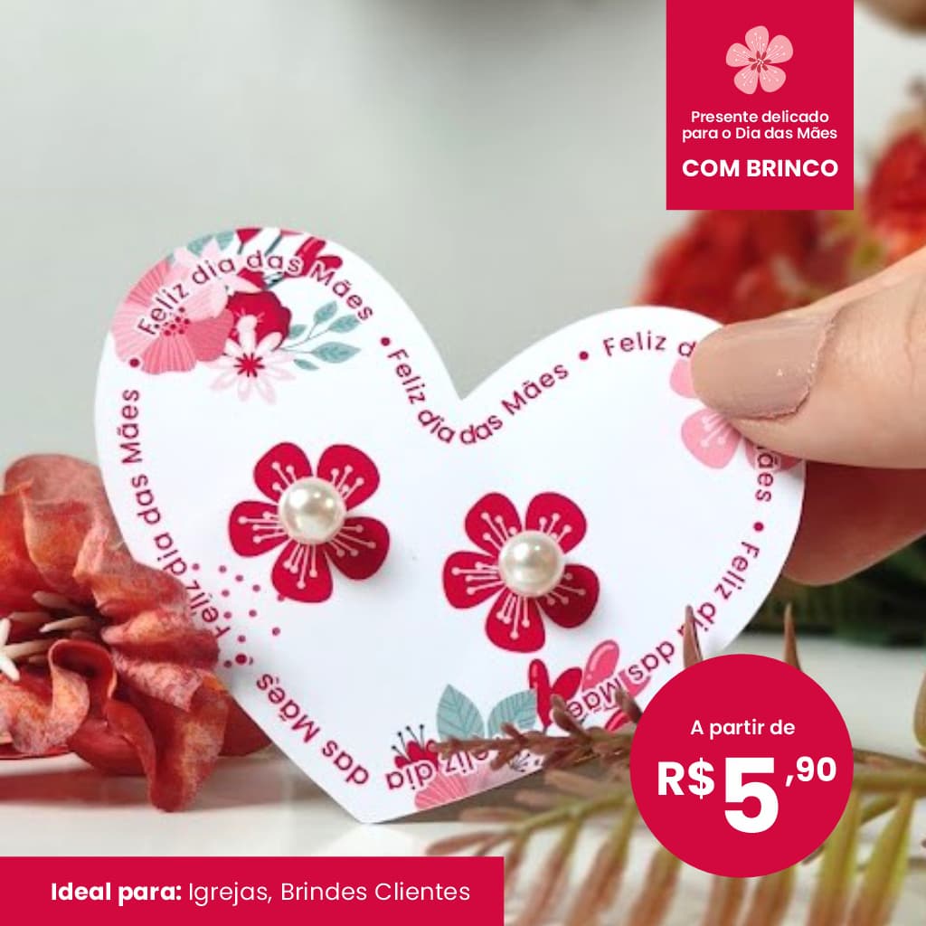 Kits 5|10|30 Unidades|Mimo Dia das Mães com Brinco|Lembrancinha Dia Das Mães|Coração|Brinco Pérola