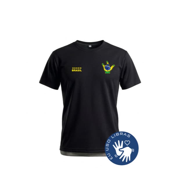 Camiseta básica BRASIL Malha Fria (PV) Preta Camiseta Manga Curta Camiseta com estampa personalizada do Brasil em LIBRAS