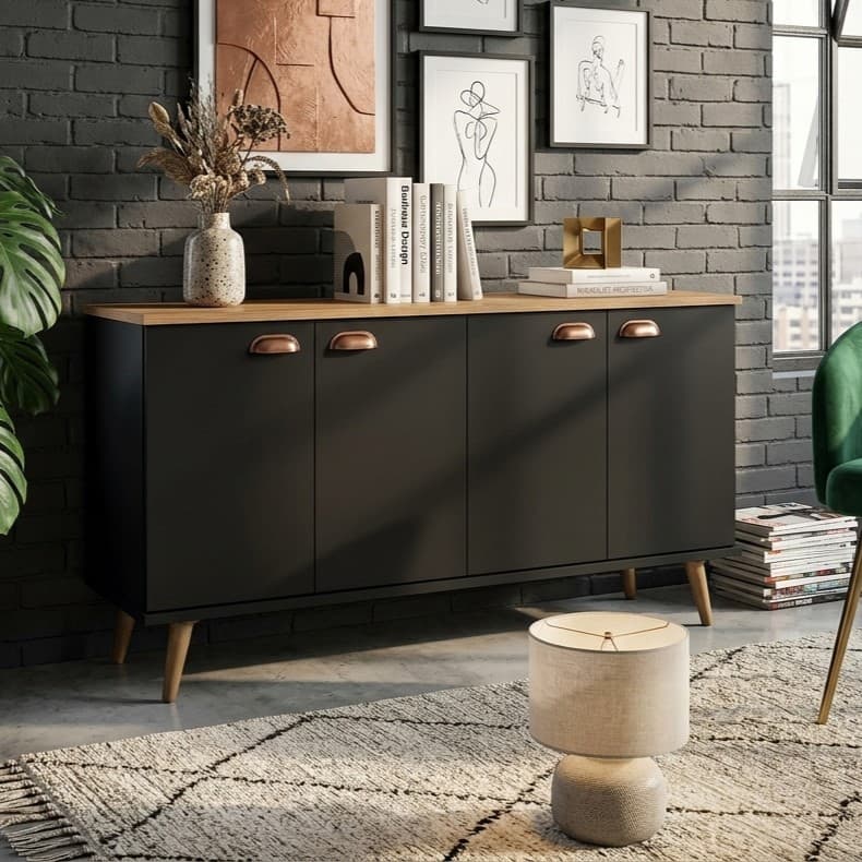 Aparador Buffet com 4 Portas Design Moderno Pés de Madeira