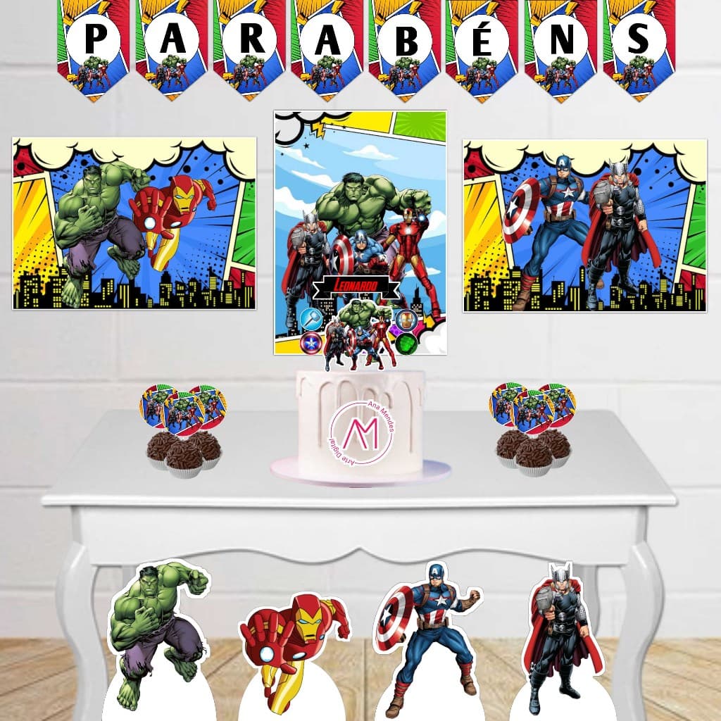 Kit Festa Infantil Vingadores Fácil Decoração Com Painel Display Toppers Topo de Bolo Só um bolinho