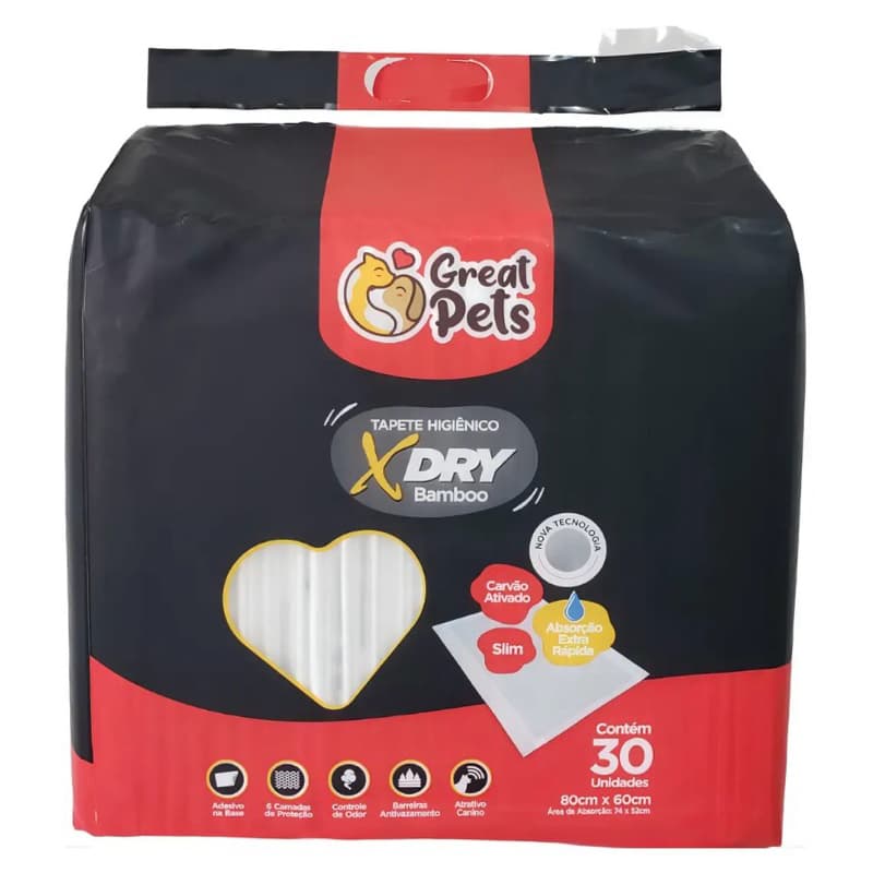 Tapetes Higiênico 80x60 30 Unidades Para Cães Carvão Ativado Alta Absorção X-Dry Great Pets