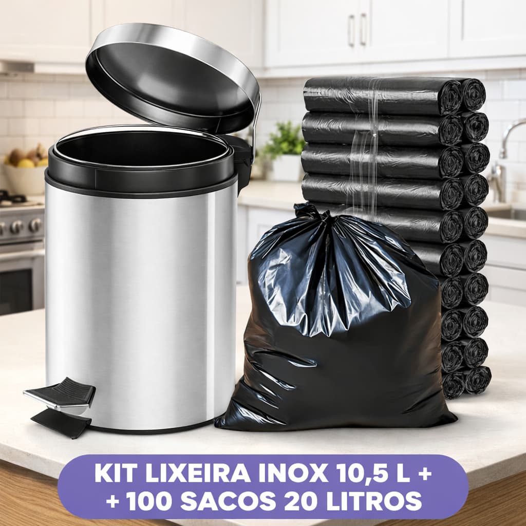 Lixeira Inox Aço 10,5 litros C/ Pedal Cesto Interno Removivel Banheiro Cozinha