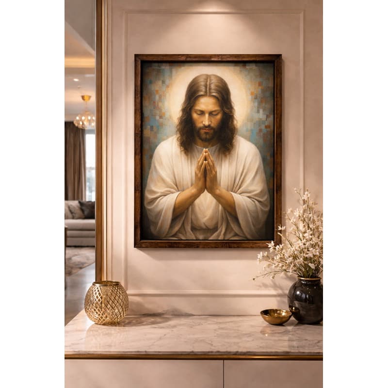 Quadro Jesus Orando 38x48cm Moldura em Madeira – Decoração Religiosa Luxo, Pronto para Pendurar + Envio Imediato