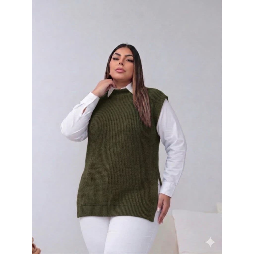 Colete Feminino Tricô Suéter Alongado Sem Manga Tendência Blogueira 38 ao52