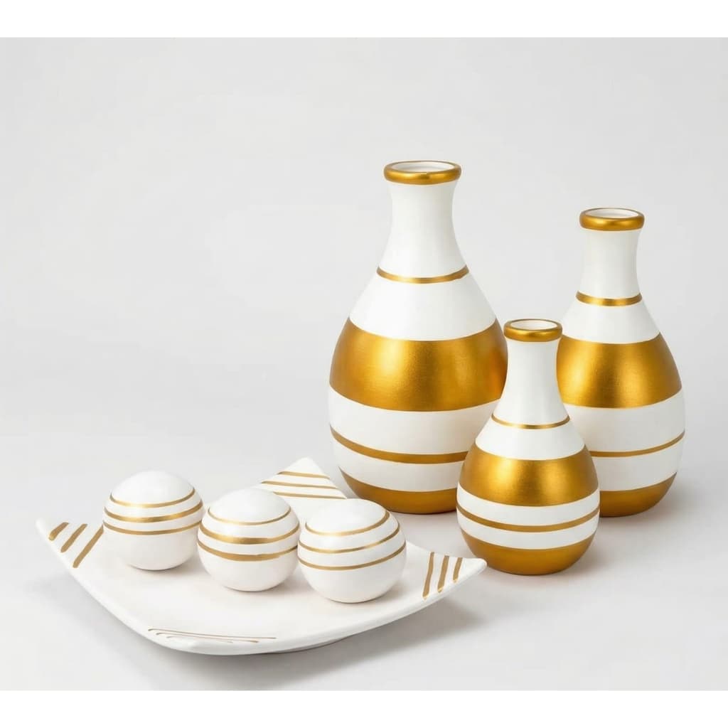 Kit Decoração Sala De Estar 7 Peças Prato E Vasos Cerâmica Luxo Para Mesa De Centro Rack E Aparador