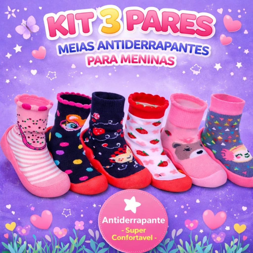 Kit 3 Pares Meia Antiderrapante Infantil Menina Confortável Macia Solado Emborrachado Bebê