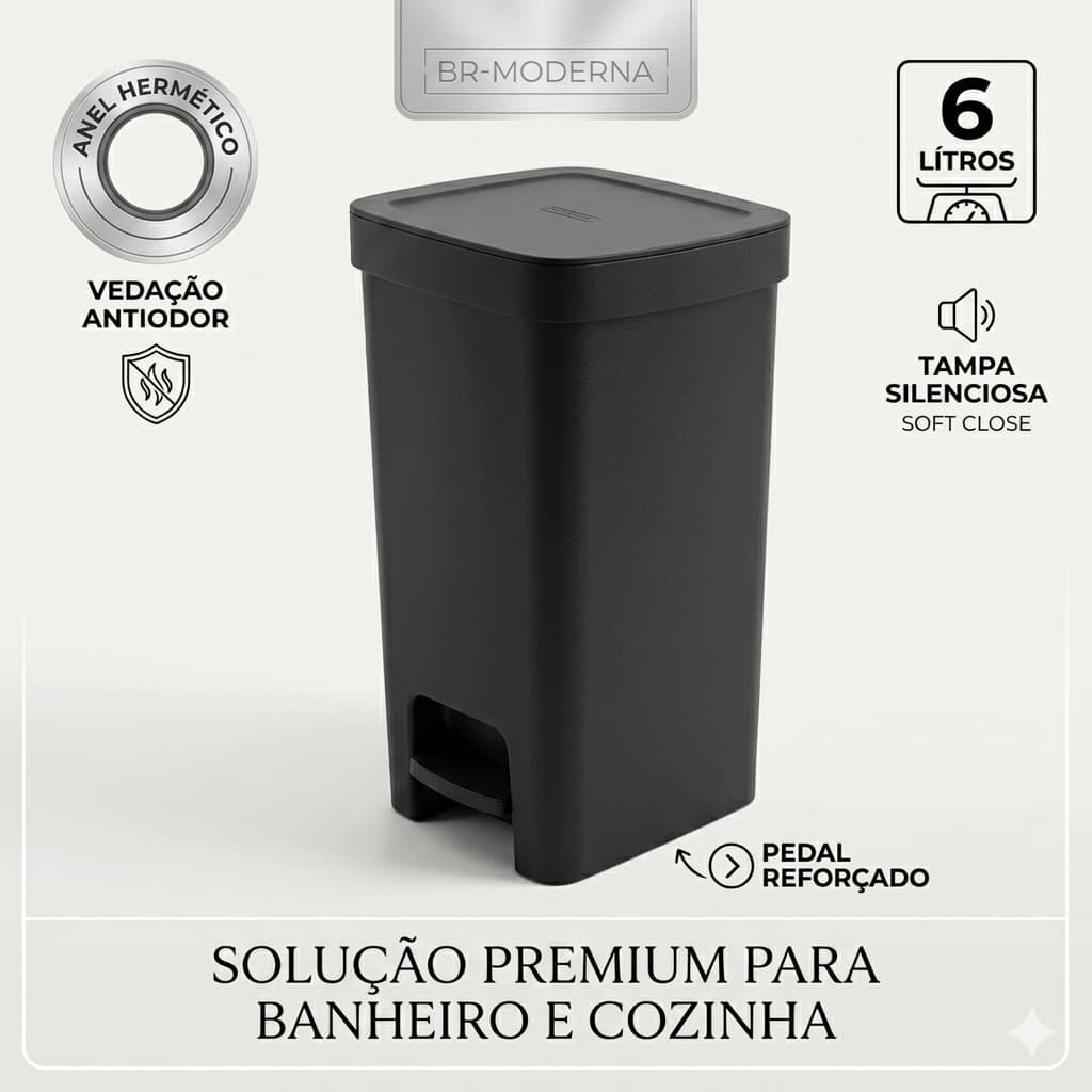 Lixeira Com Pedal 6 L Antiodor Banheiro Cozinha Escritório Tampa Vedação Anel Hermético Retangular