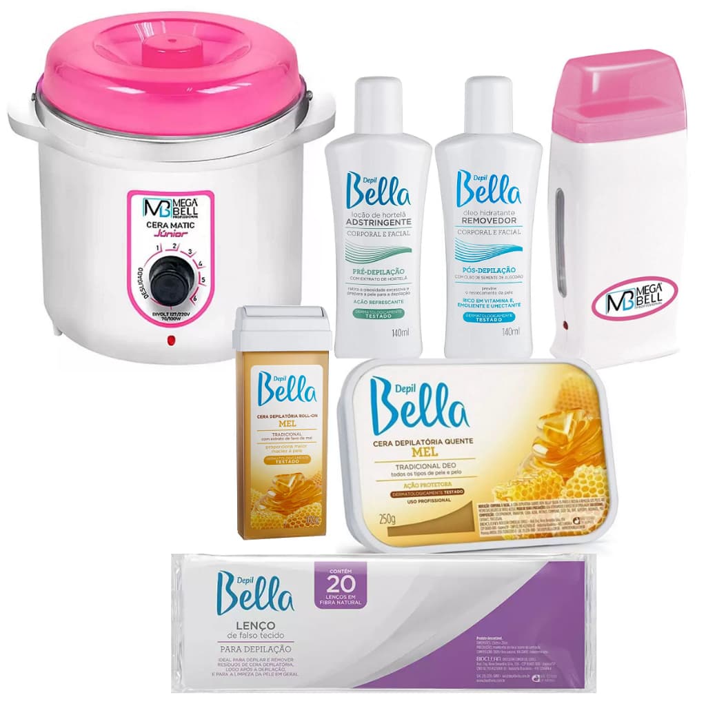 Kit Para Depilação Mega Bell e Depil Bella Com Cera Quente Rolon Termocera 400g Aquecedor Oleo Loçao