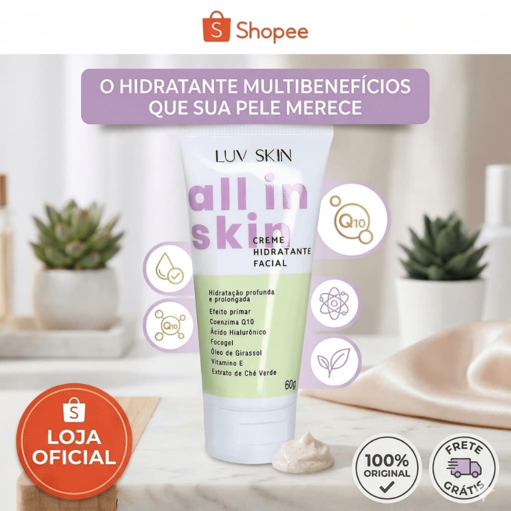 Creme Hidratante Luv Skin All In Skin - Pré-Maquiagem Primer e SkinCare Vegano Todos os Tipos de Pele