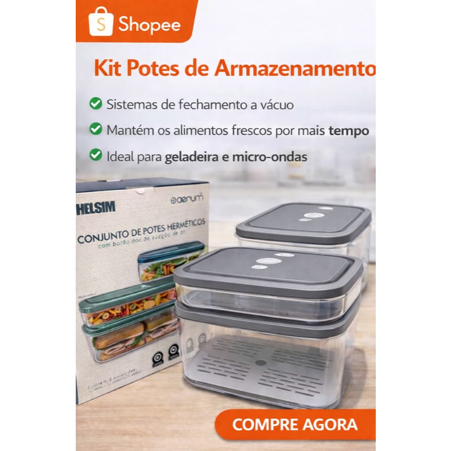 Conjunto de Potes Herméticos Organizadores Geladeira e Microondas -  3 Potes com Botão de Sucção de Ar