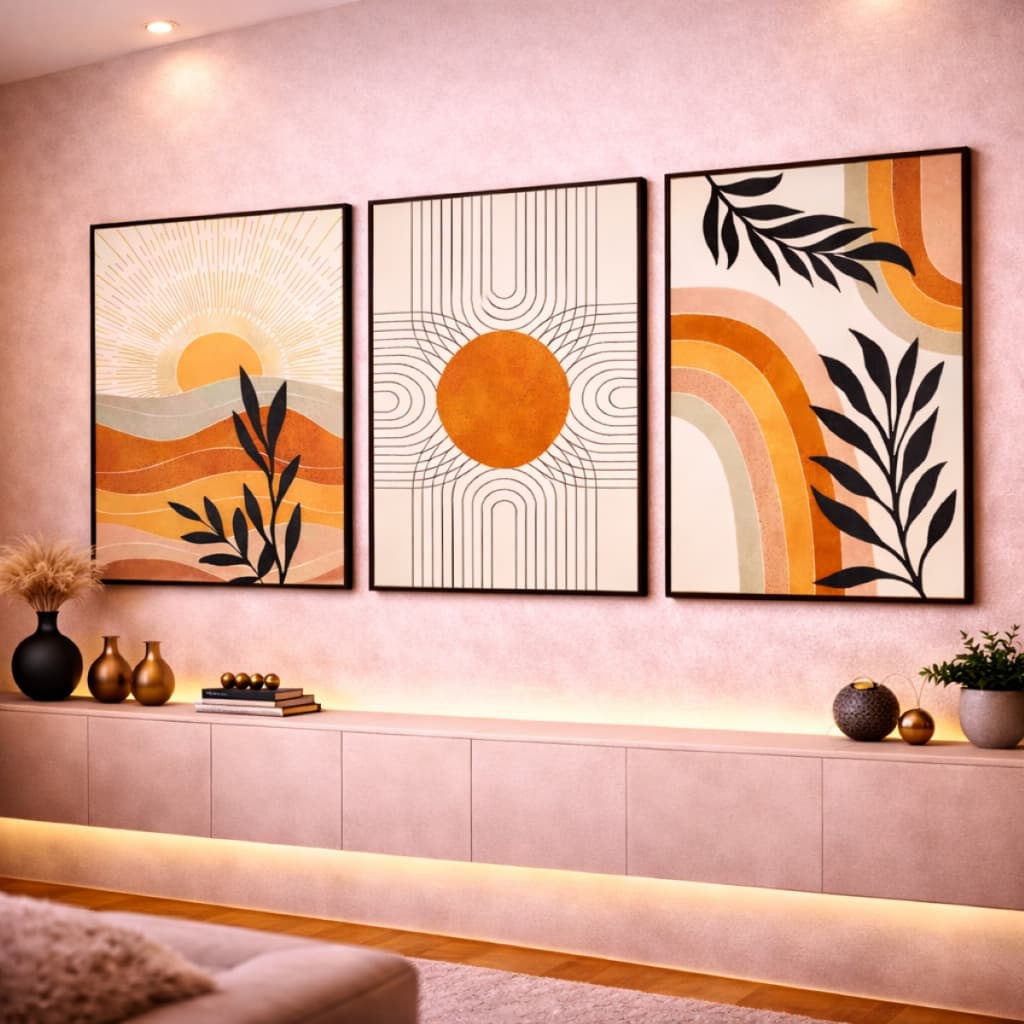 Quadro Decorativo Abstrato Sol Folhagens Laranja Amarelada Moderna Sala Quarto 3 Peças