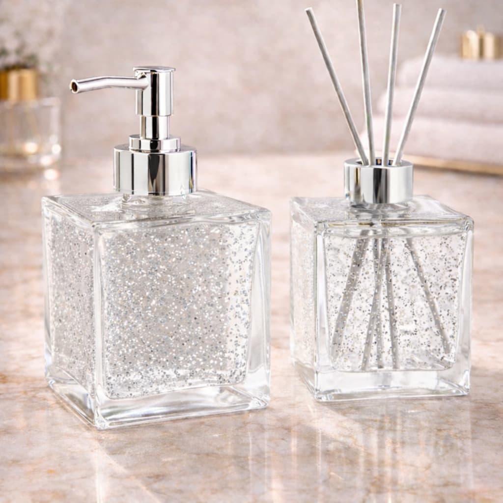 Porta Sabonete Liquido + Difusor em Vidro Cubo Transparente 250ml - Kit Lavabo Banheiro Decoração