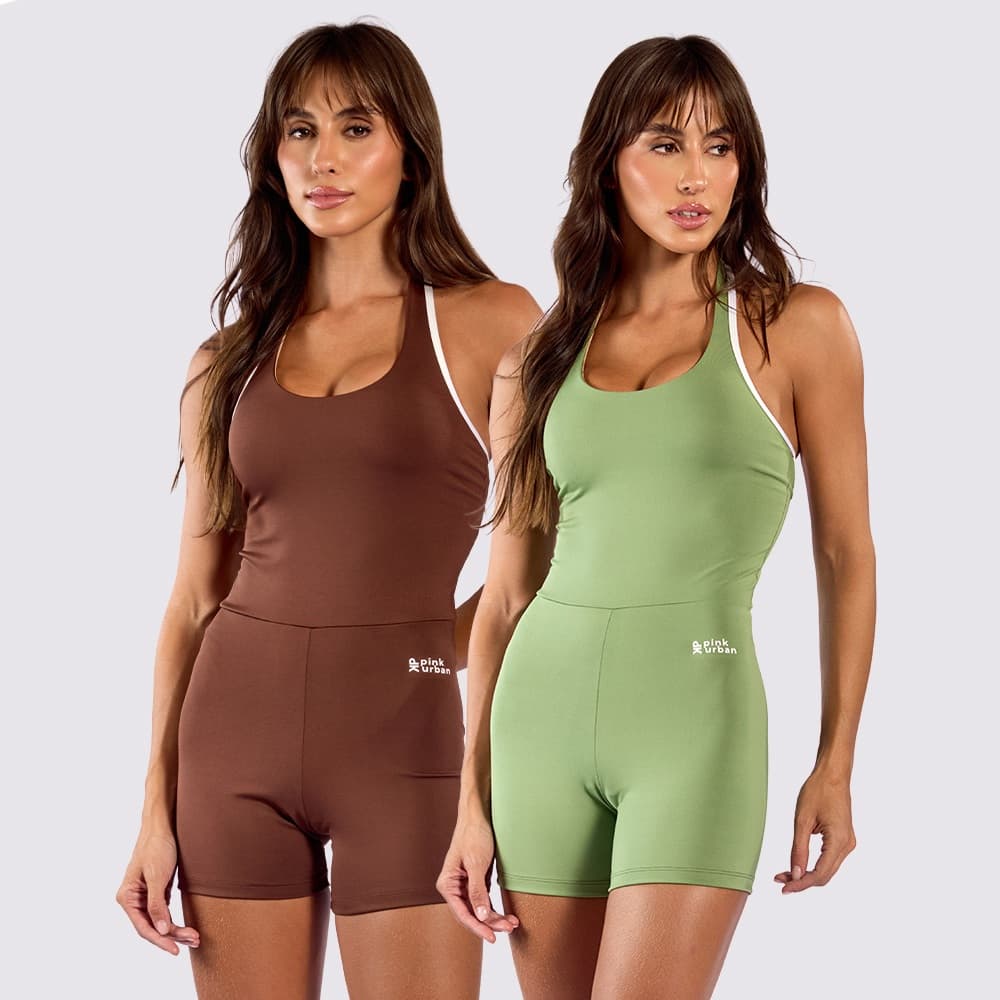 Kit 2 Macaquinho Fitness Feminino Frente Única Costa Trançada Zero Transparência Blackout Pink Urban