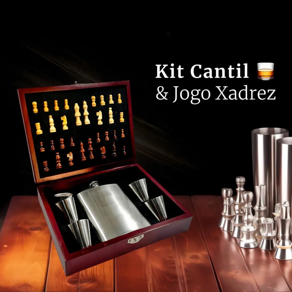 Jogo De Xadrez com Kit Cantil de Bolso 200ml 4 Copos e Funil