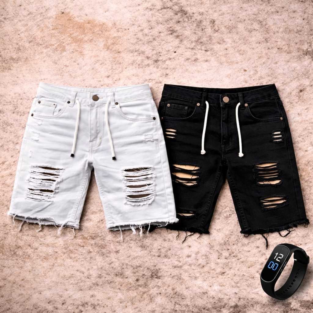 Bermuda Jeans Rasgada Jogador Destroyed + Relógio M4 Esportivo Corrida