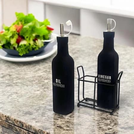 Galheteiro 2 Peças Preto Porta Azeite e Vinagre com Suporte Moderno Cozinha Hauskraft Manhattan